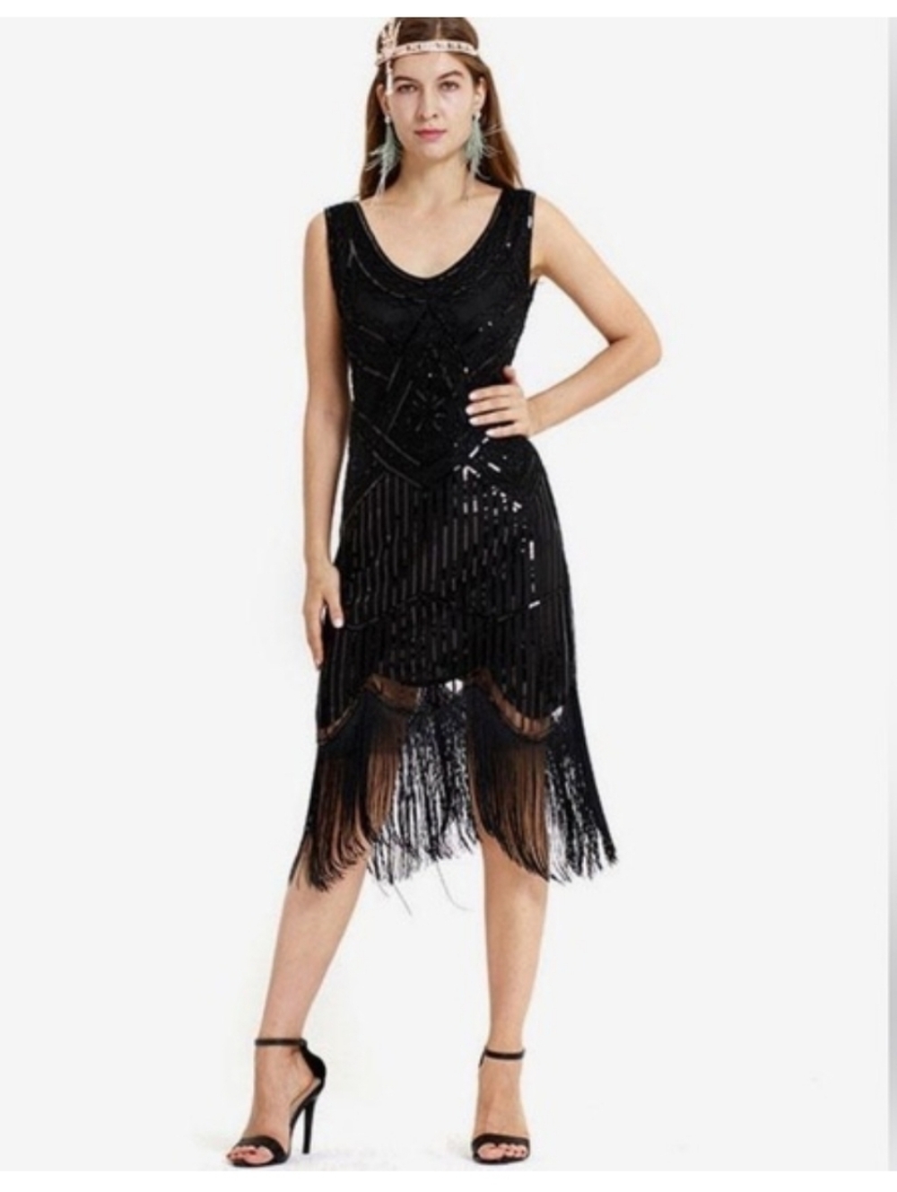 Fundaisy NWT Black Sequin Beaded Embellished Flapper Evening Gown Dress SZ XL - Picture 16 of 16